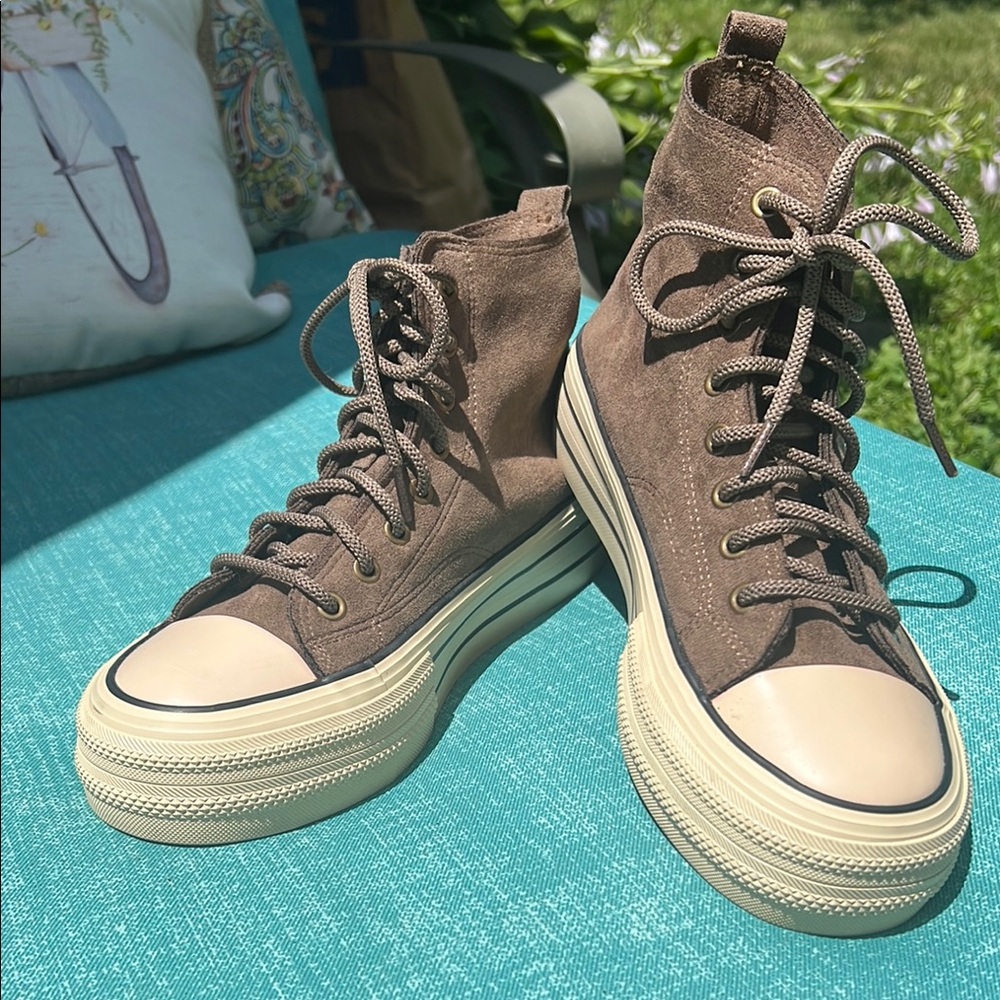 High-Top Leather Sneakers in Brown and Cream